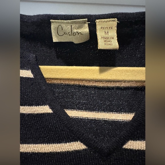 Caslon Striped Knit Sweater Black Cream | V-Neck Long Sleeve | MP - Picture 6 of 13